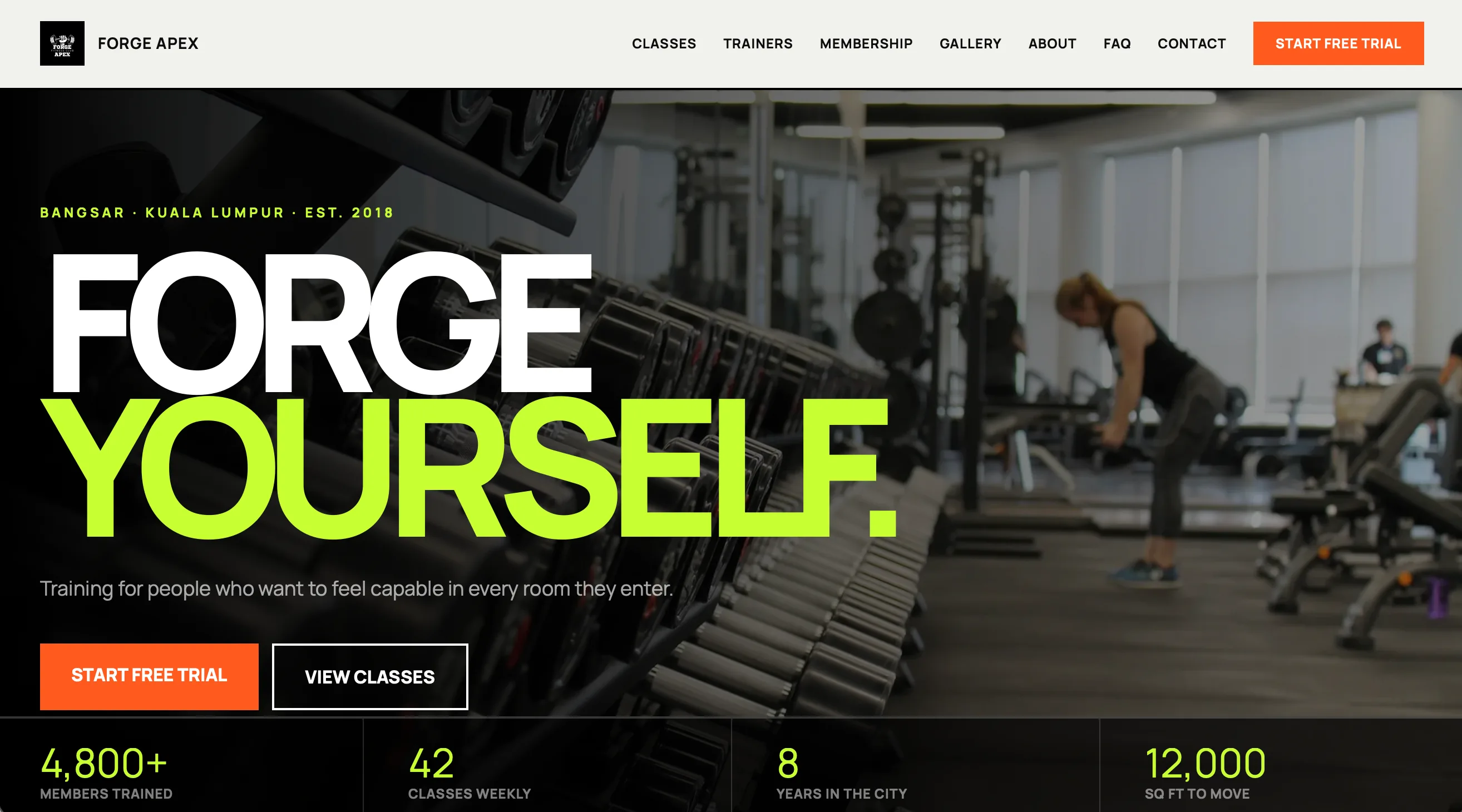 Forge Apex Club website featuring an athlete training in a dark gym in Bangsar, Kuala Lumpur