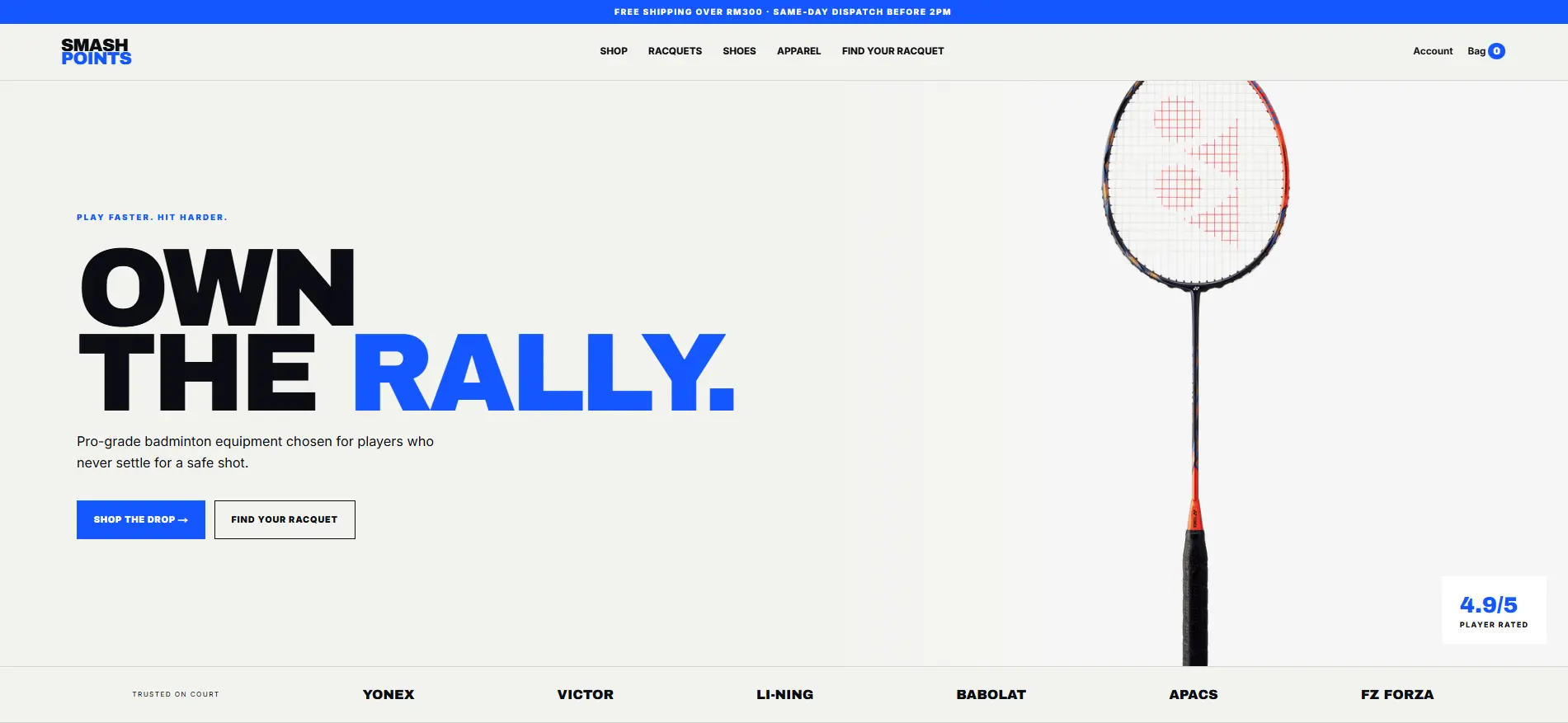 Smash Points badminton website featuring a bold hero banner and product grid of racquets