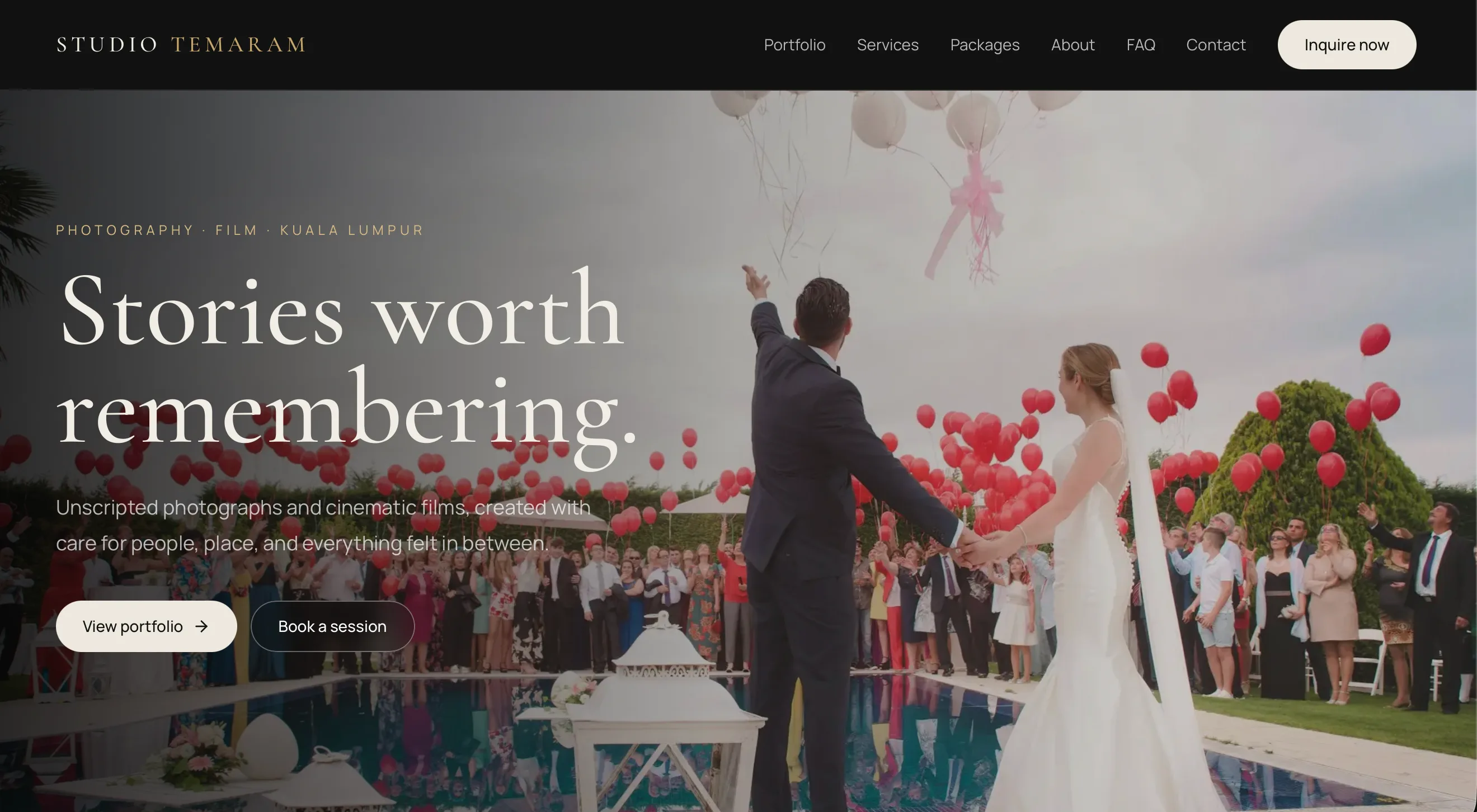 Studio Temaram photography website featuring newlyweds walking through warm evening light